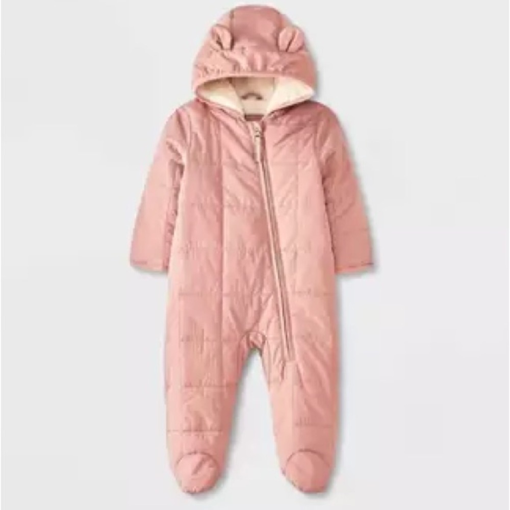 NEW Cat & Jack Baby Girls Pink Quilted Hooded Pram Suit Bunting 3-6M